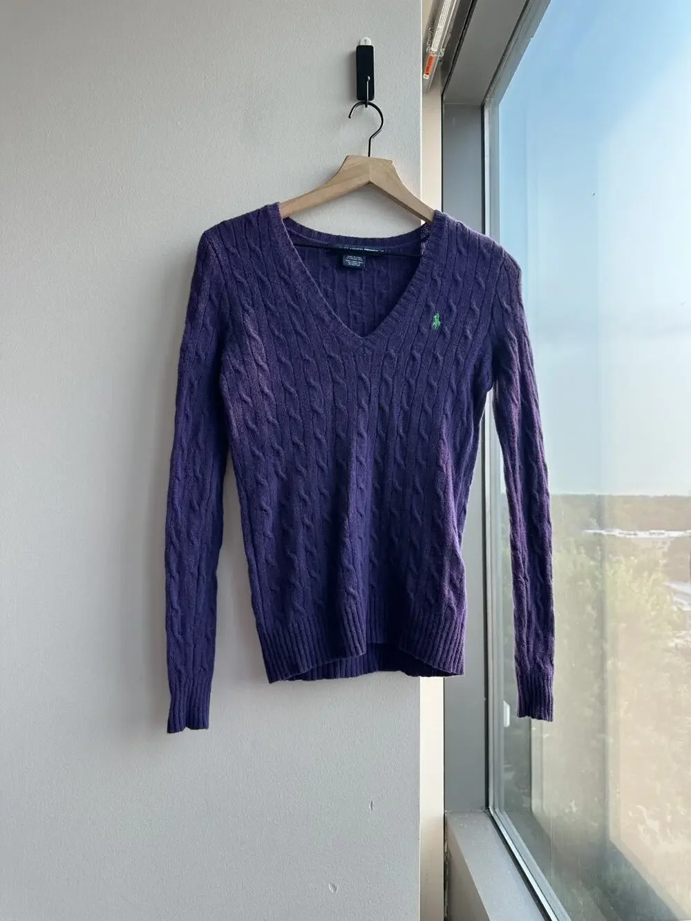 Vintage Ralph Lauren Sport Purple V-Neck Cable Knit Lambwool Academia Sweater M
